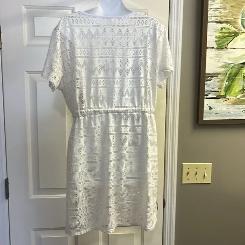 Tropical Escape White Eyelet Swim Plunging V-Neck Coverup w/Shirt Sleeves- 1X